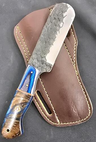 Custom Hammered High Carbon Steel Knife, Dyed Burl/Resin Handle, Leather Sheath, Mosaic Pin