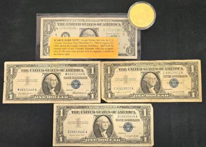 Historic U.S. $1 Silver Certificates Lot & Scarce Joseph W. Barr Note + July 13, 2024 Coin