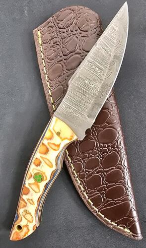 Custom Damascus Steel Fixed Blade Knife, Drop Point, Mosaic Pin Handle, Leather Sheath