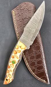 Custom Damascus Steel Fixed Blade Knife, Drop Point, Mosaic Pin Handle, Leather Sheath