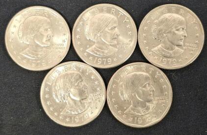 1979 Susan B. Anthony Dollar Coins &ndash; 5 U.S. $1 Copper-Nickel Clad, Circulated, Eagle Reverse