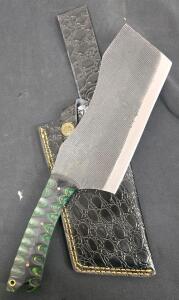 Custom Cleaver Knife, Layered Pattern Handle, Textured Steel Blade, Black Pattern Leather Sheath