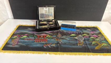 Vintage Japanese Lacquer Vanity Set With Mirror, Brush, Containers, Keys, Velvet Runner, And Domino Set