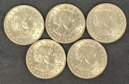 Lot of 5 U.S. 1979 Susan B. Anthony $1 Coins &ndash; Copper-Nickel, Circulated, Eagle Design
