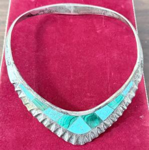 Taxco Sterling Silver Collar Necklace with Turquoise & Malachite Inlay