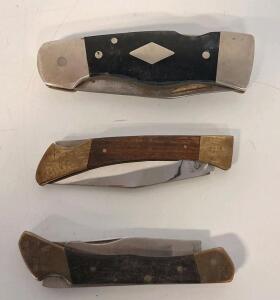 Damascus PHILA 3003, 440 Stainless Japan 1117, Stainless China Lockback Folding Knives