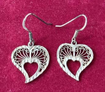 Sterling Silver 925 Heart Filigree Dangle Earrings, French Hook, 1" Length, Lightweight