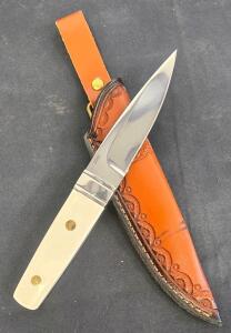 R.W. Loveless Custom Fixed Blade Knife, M390, Drop Point, Micarta, Leather Sheath