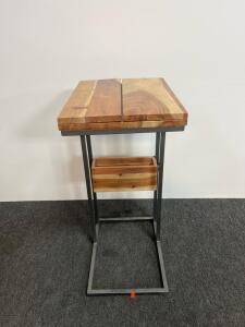 Folding Industrial Side Table with Drop-Leaf Wood Top and Integrated Bin, Metal Frame