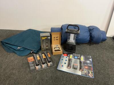 Fanttik S100 Apex Inflator, LED Lantern, Duracell 500lm Flashlights, Sleeping Bag, Pad, Lot
