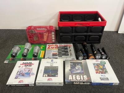 Mixed Lot: TechLite & Cascade LED Lanterns/Flashlights, Instacrate, Battery Daddy, Sealed EA PC Games