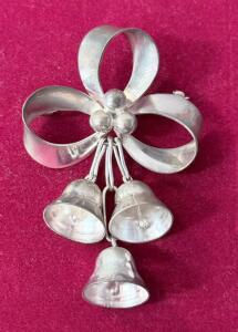Vintage Sterling Silver Bow Brooch with Three Dangling Bells, Pin Clasp, Mid-Century Style