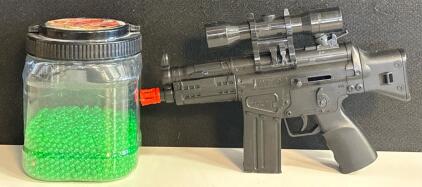 Spring-Powered Airsoft Toy Rifle w/ Mock Scope & 6mm BBs, Black, Orange Tip, Magazine Included