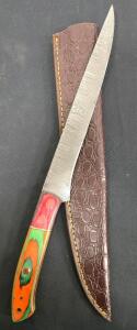 Custom Damascus Fixed Blade Knife &ndash; 8.5" Clip Point, Multicolor Wood Handle, Leather Sheath