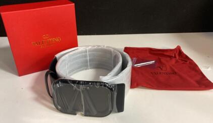 Valentino Garavani VLOGO Signature Black Leather Belt, Matte Black Buckle, 40 in (100 cm), Box/Dust Bag