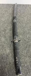 replica Katana sword featuring a black cord-wrapped handle and a matching black scabbard.