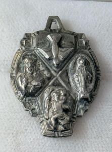 Vintage French Four-Way Catholic Medal, Silver-Tone, AUGIS Maker, Sacred Images, 1.5"