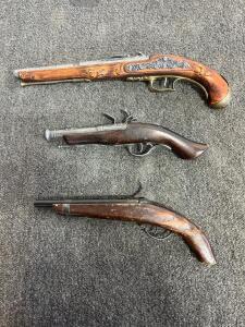 KADET Soviet-Era Replica Flintlock & Percussion Pistols, Ornate Wood/Metal, 13" Length, Set of 3