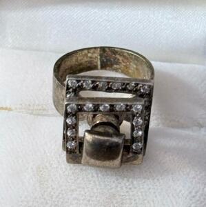 925 Vintage Art Deco-Style Geometric Costume Ring, Metal Band with Clear Round Stones, Square Design