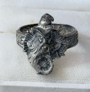 Antique Silver Wizard Head Ring, Figural Art, Marked 5149/155, Missing Stone, Fantasy Design