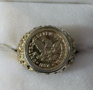 Vintage Coin Ring with 1874 US Seated Liberty Quarter, Two-Tone Gold & Silver Textured Band, Box