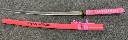 Pink Katana Sword, 27" Blade, "Super Bitch" Engraved Saya, Pink Handle, Display/Collectible