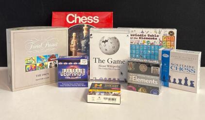 9-Game & Puzzle Lot: Trivial Pursuit 1980s, Pressman Chess, Elements Puzzle, Solitaire Chess, More