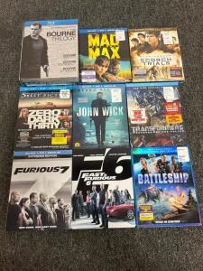 Lot of 9 Action Movie Blu-rays: Fast & Furious, Bourne Trilogy, John Wick, Transformers, More