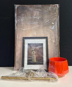 Framed Wall Art (Flower Vase & Abstract), Orange Ceramic Planter, Brass Picture Light