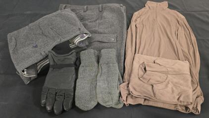 (2) Wool Finnish Pants By Swiss Link, Size 42 Waist, (2) Pairs Winter Mittens, Cold/Wet Gloves, (2) Zip Base Layers Size Medium