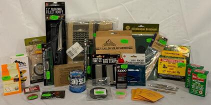 Outdoor Survival & Camping Gear &mdash; Knife, Solar Shower, Fire Starters, Sawyer Kit & More