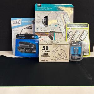 Mixed Lot: Power Banks, Extension Cords w/USB, LED Booklight, Stapler, 50 CD Cases, Charger