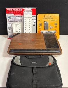 Tech Essentials Bundle: Lexar 1TB NVMe SSD, CyberPower Surge Set, Targus Laptop Bag, Lap Desk