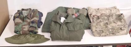 (1) Duffel Bag, (1) Rothco M-65 Field Jacket, (2) Canteens, (2) Hot Weather Hats & Assorted Pieces Of Military Surplus Clothing, Size Large
