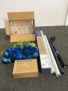 Multi-Item Bundle: fridge organizer trays, Bird Bath Heater, Cat Print, white marble contact paper, ceiling fan down rod, and more