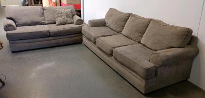 Brownish Gray 3-Seat Sofa & Loveseat Set &ndash; Rolled Arms, Loose Cushions, Modern Fabric Upholstery