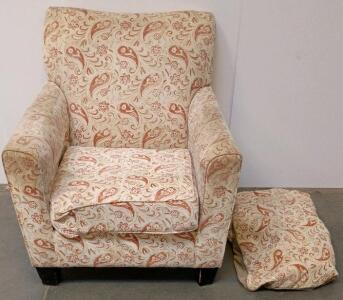 Large Upholstered Armchair, Cream & Red Paisley Fabric, Removable Cushions, Traditional Style