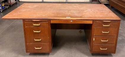 Mid-Century Executive Double Pedestal Desk, Solid Wood, 7 Drawers, 72" x 36" x 30"