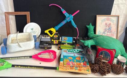 Vintage Toys Art & Holiday Decor Lot: SR-71 Jet, Coloring Book, Crossbow, Noma Bulbs, Mug