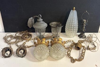 Vintage Brass & Glass Pendant Lights Lot, Outdoor Lantern, Sconce, Lamp Base &ndash; Restoration Project