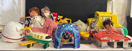 Mixed Vintage Toys Lot&mdash;Fisher-Price Jet Plane, Garage, Dolls, Plush, Bus, Playsets, Helmet