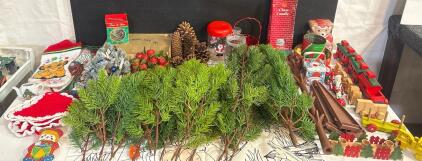Large Vintage Christmas Decor & Toy Lot &ndash; Pine Branches, Wooden Train, Tins, Ornaments, Pinecones