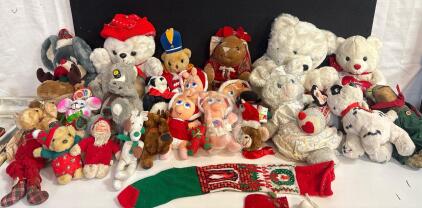 Large Mixed Lot 1980s-1990s Vintage Plush Christmas Bears, Miss Piggy, Santa, & Animal Dolls