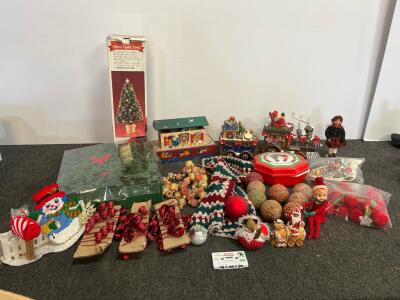 Vintage Christmas Decoration Lot &ndash; 24" Fiber Optic Tree, Train Figures, Ornaments, Wreath, Garland