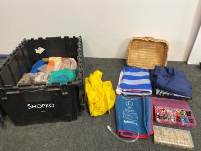 Mixed Lot: Fabrics/Textile Remnants, Craft Beads, Medline Compression Cuff (Large), Storage Bin