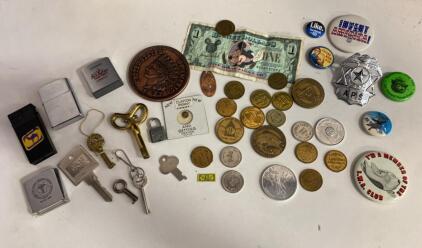 Vintage Collectibles Lot: Coins, Keys, Buttons, Currency, Lighters, and More