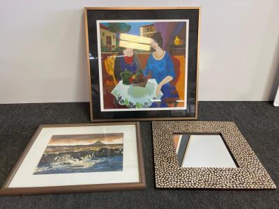 Lot of Three Framed Wall Decor: Two Signed Artworks and One Textured Mirror