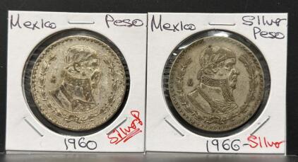 Mexico Silver Un Peso Coins Lot &ndash; 1960 & 1966, 39mm, 27.77g, Jos&eacute; Morelos, Mexico City Mint