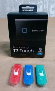 (1) Samsung T7 Touch 2TB Portable SSD, Black & (3) SanDisk 64Gb Cruzer Glide 3.0 Flash Drives