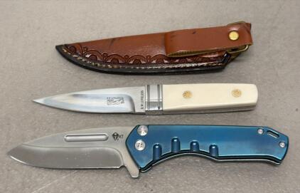 R.W. Loveless M390 Fixed Blade w/Tooled Sheath & KT D2 Blue Folding Knife Collection